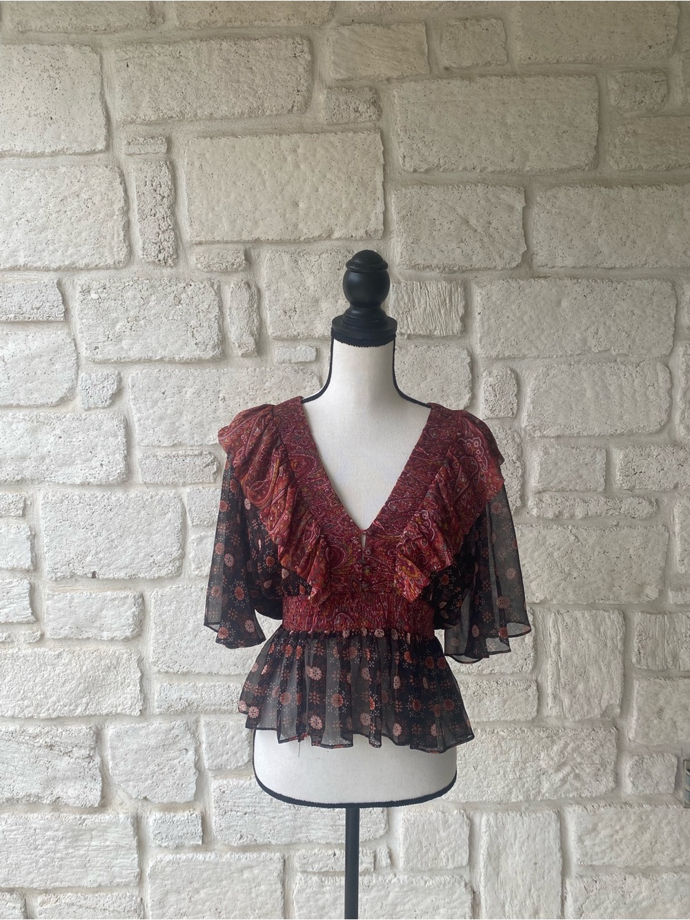 Women's Red Paisley Ruffle V-Neck Blouse